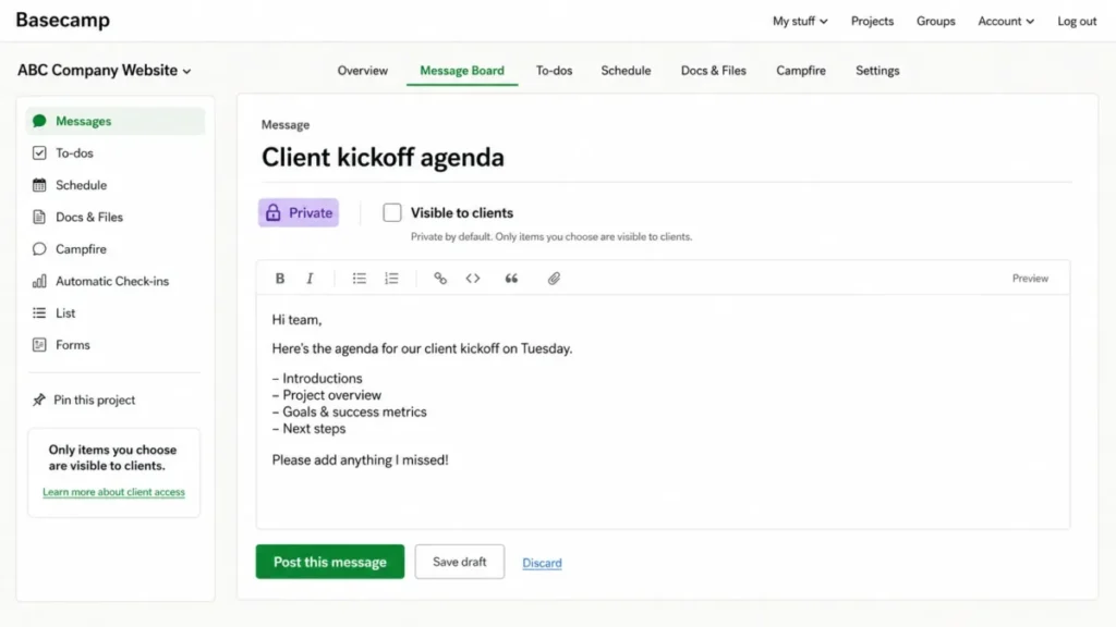 Basecamp message composer showing a private project item with the “Visible to clients” checkbox unselected.