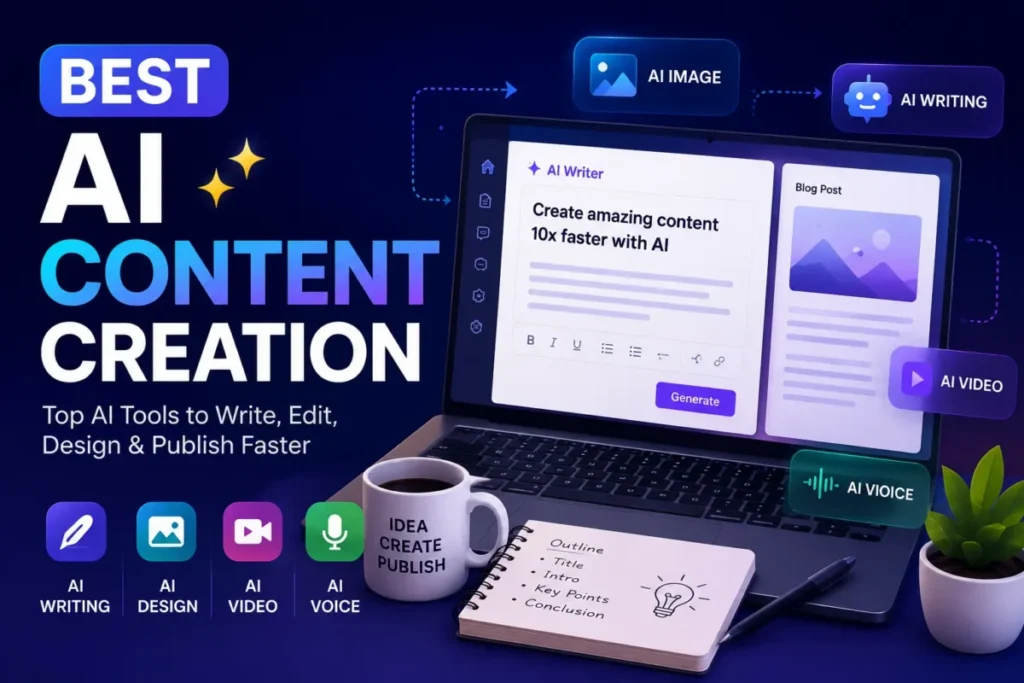 Best AI content creation tools featured image with AI writing, design, video, and voice content workflow.