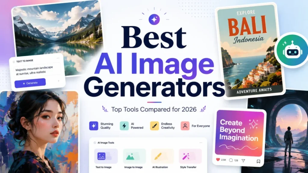 Best AI Image Generators featured image with AI-generated artwork examples and text-to-image tools
