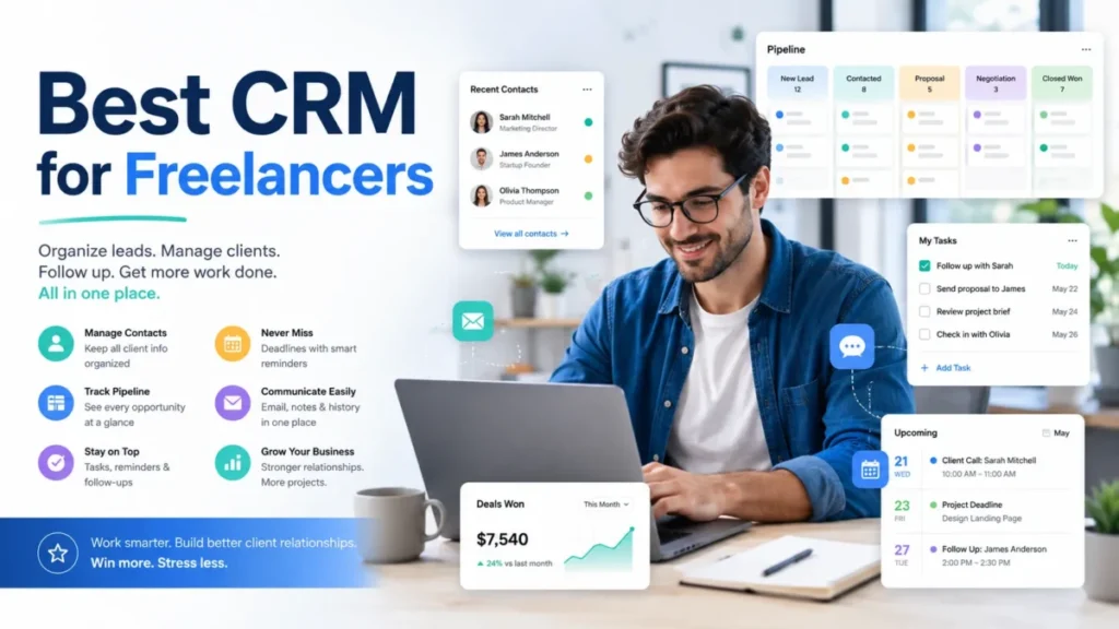 Best CRM for freelancers with client management, sales pipeline, tasks, and contact tracking dashboard
