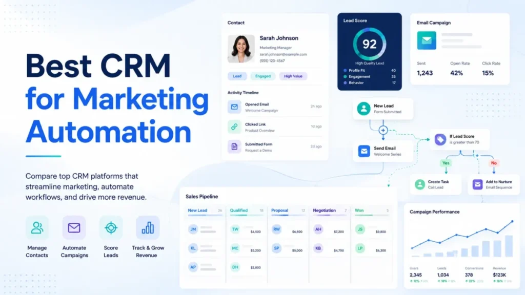 Best CRM for marketing automation featured image with CRM contact card, lead scoring, workflow automation, email campaign, and sales pipeline visuals.