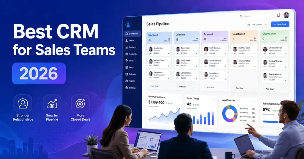 Best CRM for Sales Teams 2026 featuring a sales pipeline dashboard, CRM analytics, and team collaboration