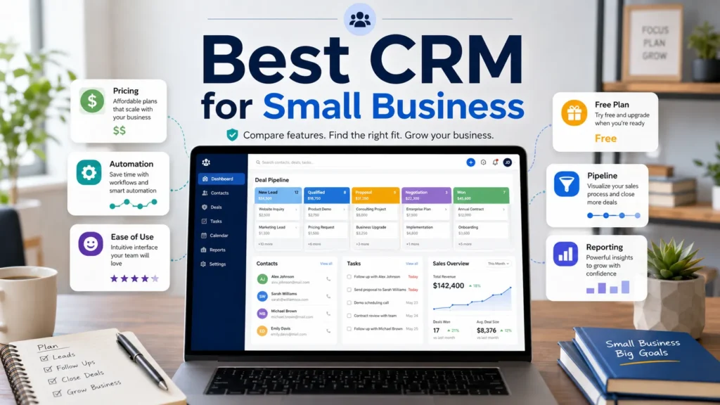 Best CRM for small business featured image with CRM dashboard, pricing, automation, pipeline, and reporting cards