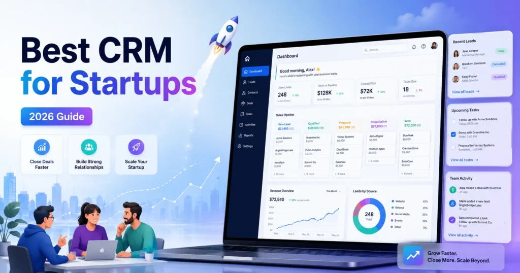 Best CRM for Startups 2026 guide with CRM dashboard, sales pipeline, leads, tasks, and startup growth visuals.