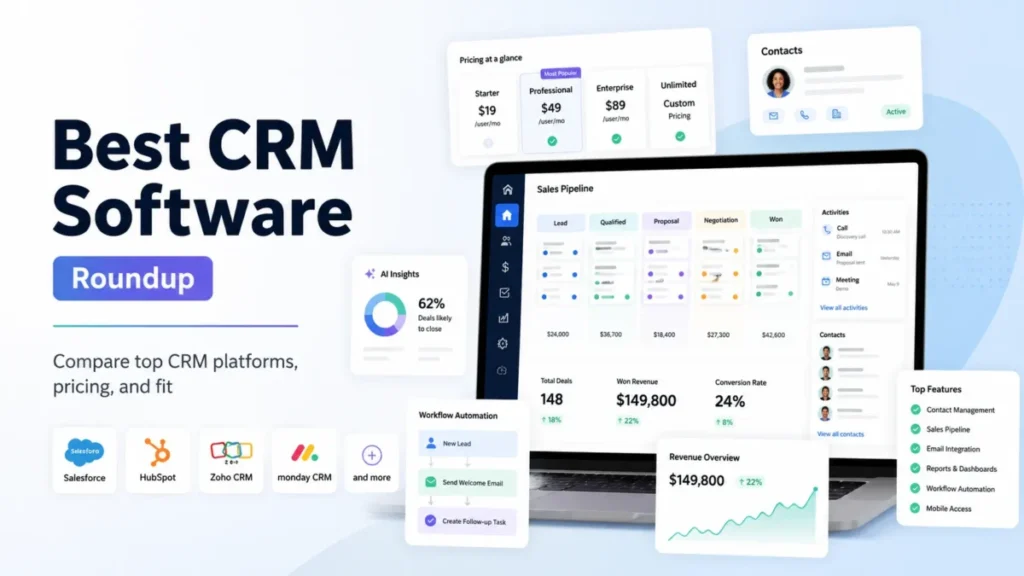 Best CRM software roundup featured image with CRM dashboard, pricing cards, sales pipeline, automation, and platform logos.