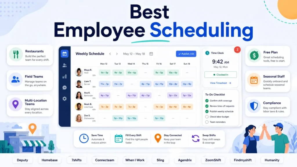 Featured image for Best Employee Scheduling showing a modern staff scheduling dashboard with shift planning, time clock, team management, and software comparison labels