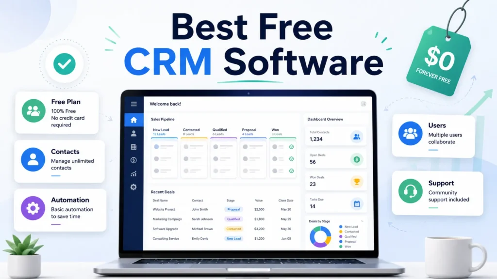 Best Free CRM Software featured image with CRM dashboard, free plan tag, contacts, users, automation, and support cards