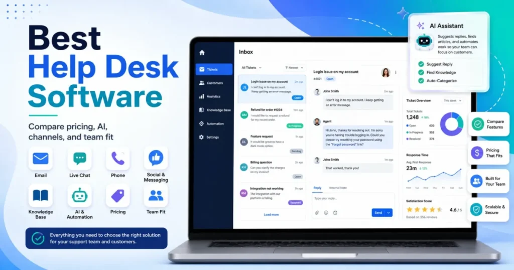 Best Help Desk Software featured image showing a support dashboard with tickets, AI assistant, pricing, and team-fit icons