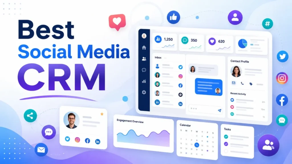 Featured image for Best Social Media CRM article with CRM dashboard, social media icons, engagement metrics, inbox, contact profile, calendar, and task cards