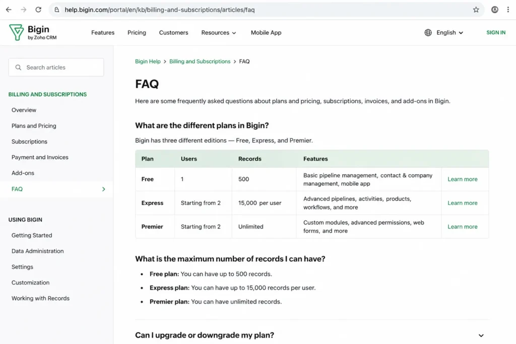 Bigin by Zoho CRM billing FAQ mockup showing Free plan with 1 user and 500 records