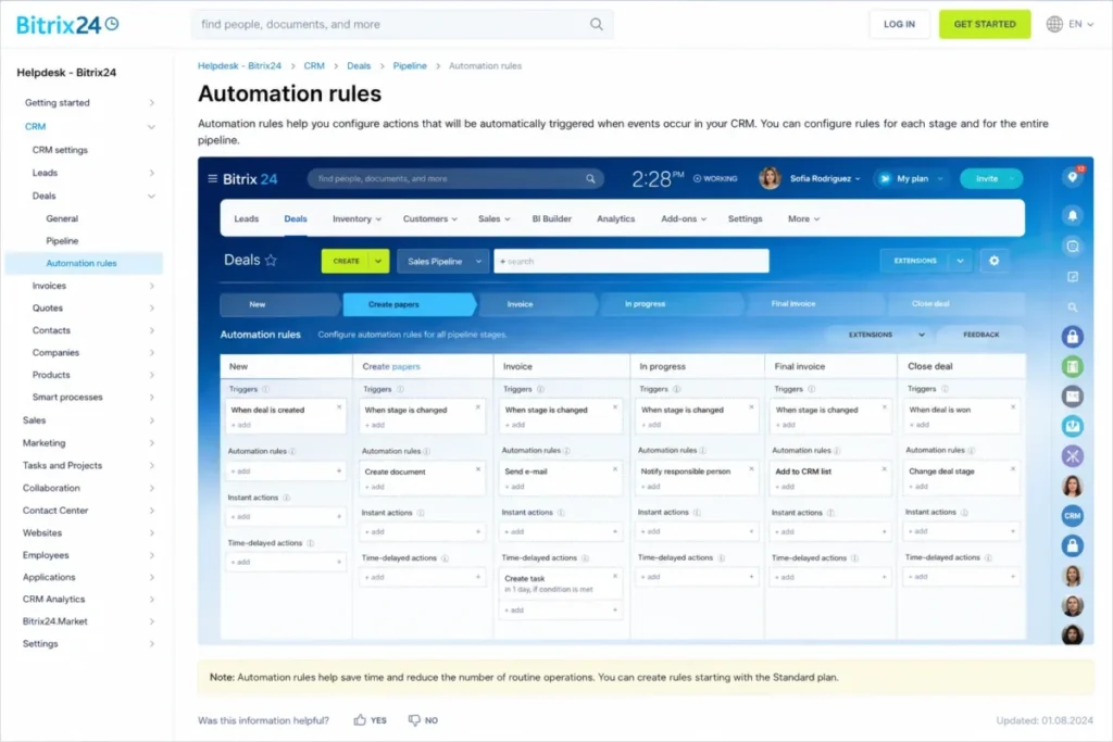 Bitrix24 CRM automation rules configured across stages in a deal pipeline