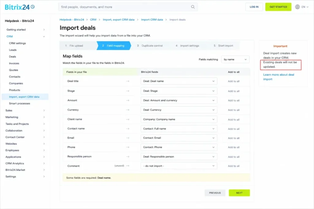 Bitrix24 CRM deal import field mapping showing that existing deals cannot be updated