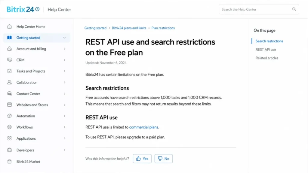 Bitrix24 Help Center article showing search restrictions above 1,000 tasks and 1,000 CRM records on the Free plan