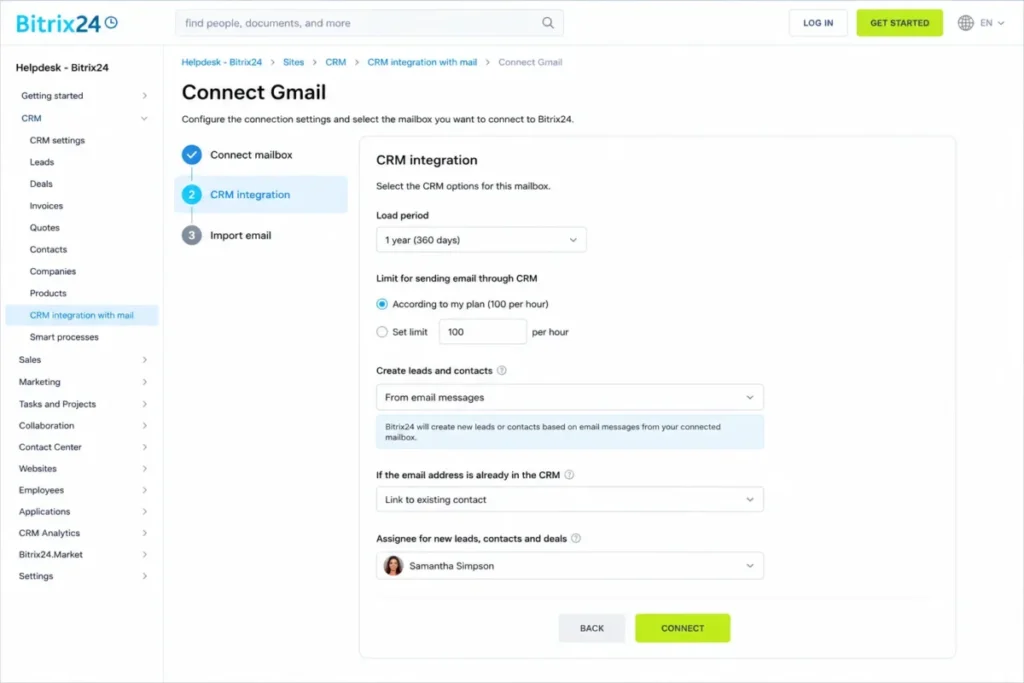 Bitrix24 Gmail CRM integration settings for email loading, sending limits, and contact creation