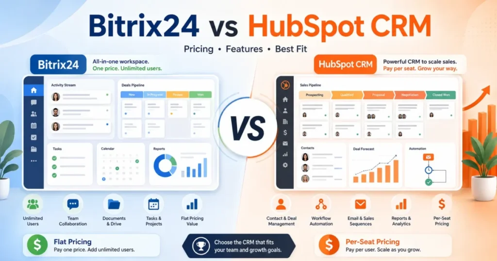 Bitrix24 vs HubSpot CRM comparison covering pricing, sales features, collaboration, automation, and reporting