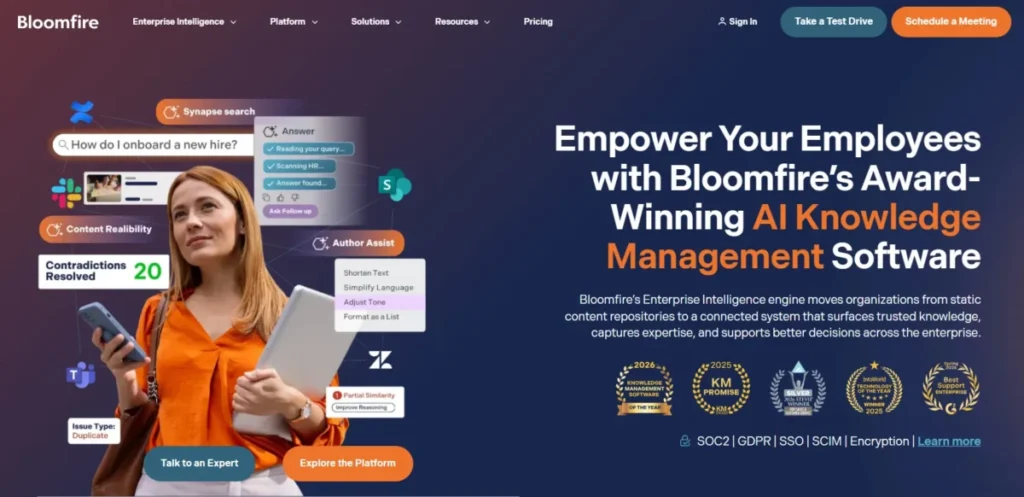 Bloomfire homepage presenting its AI knowledge management software with enterprise search, content reliability, and authoring assistance.