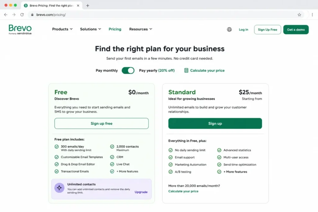Brevo pricing mockup showing the Free plan with 300 daily email sends and a 2,000-contact automation cap beside the Standard upgrade.