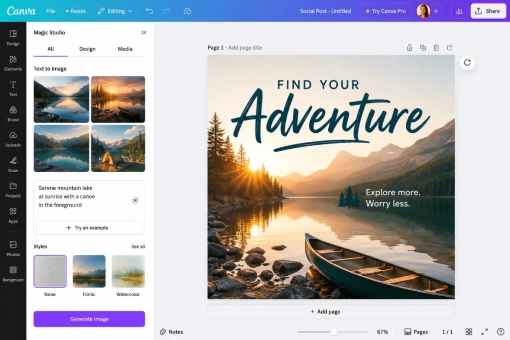 Canva Magic Studio generating an image inside a social media post template