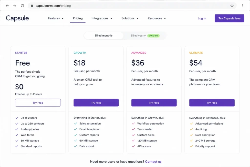 Capsule CRM pricing page showing the Free plan for up to 2 users and 250 contacts