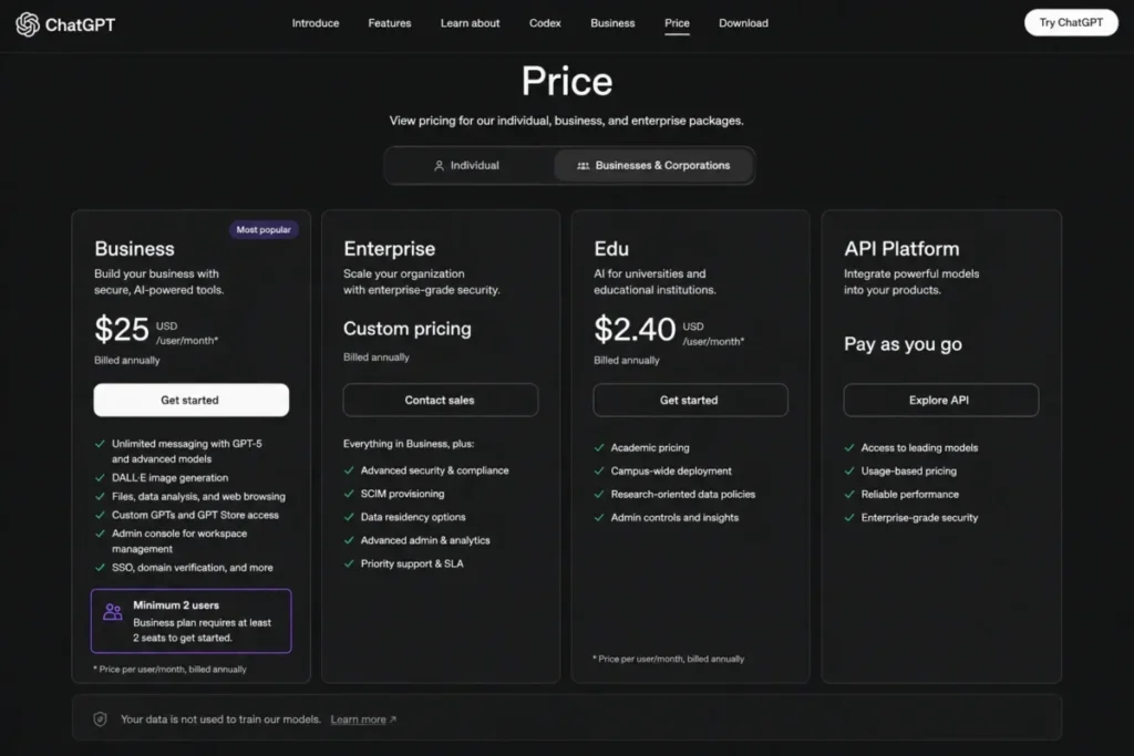 ChatGPT Business pricing page showing the $25 per user per month plan and minimum 2 users requirement.