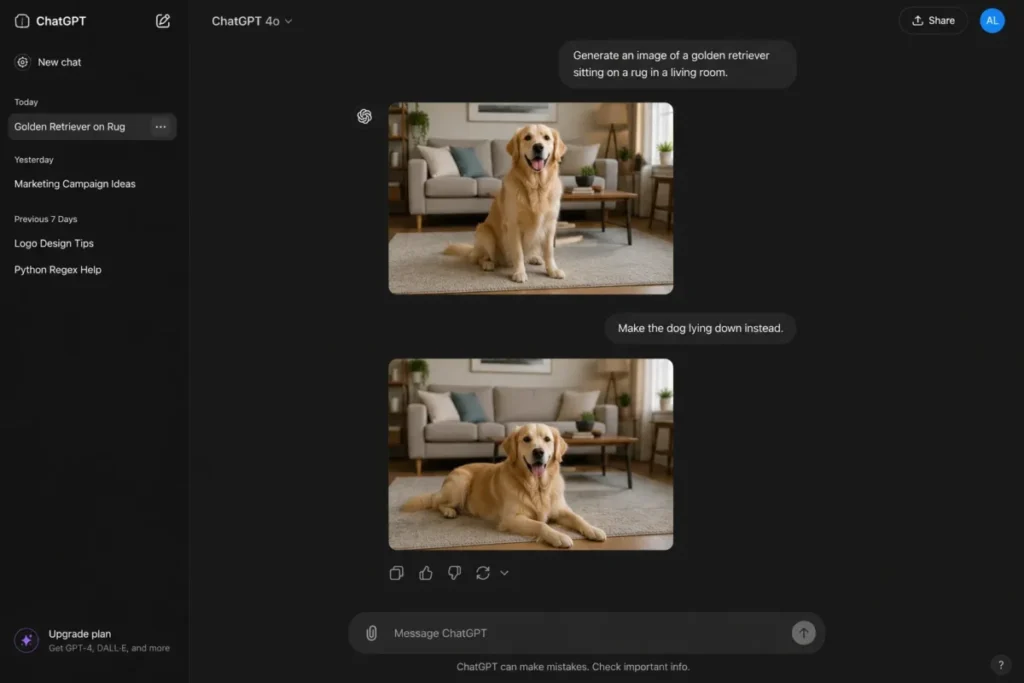ChatGPT thread showing image generation followed by an editing prompt in one conversation
