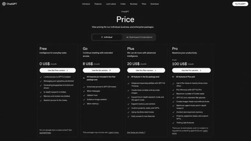 ChatGPT pricing page showing Free, Go, Plus, and Pro plans in USD