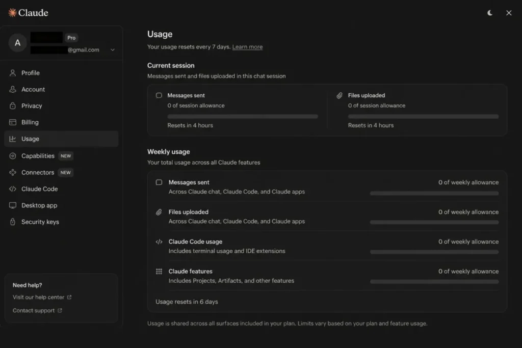 Claude Settings Usage page showing shared current-session and weekly usage allowances across Claude features.