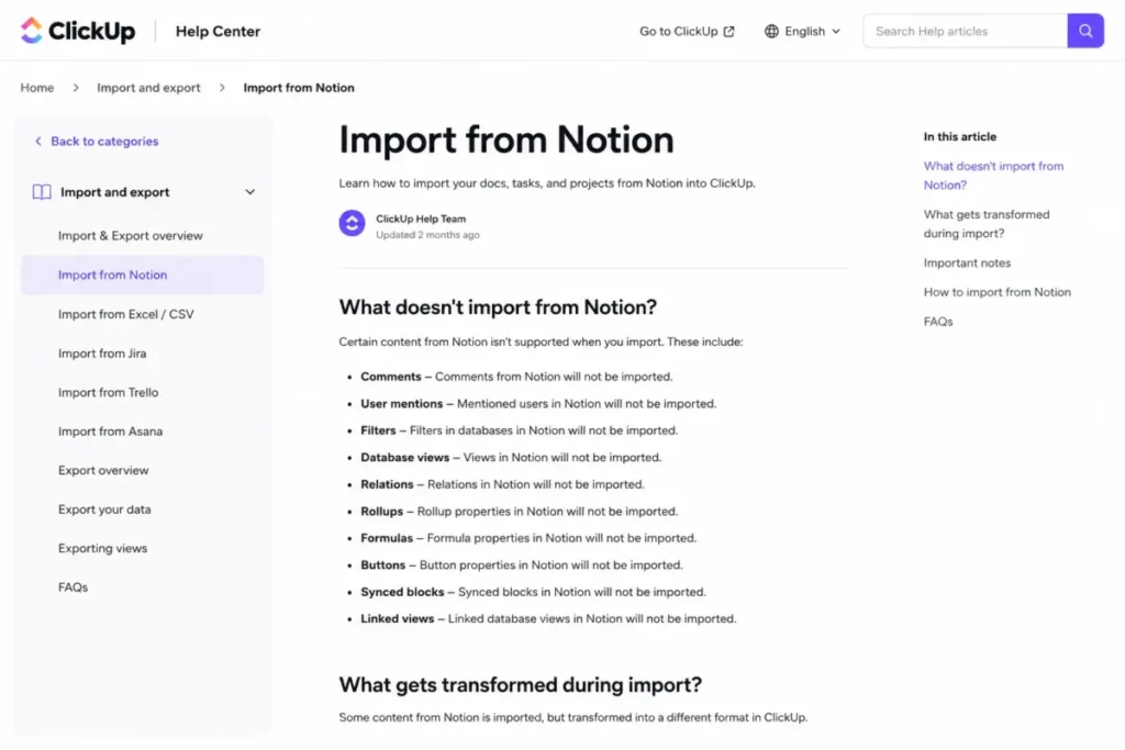 ClickUp Help Center article showing unsupported Notion content, including comments, database views, relations, rollups, formulas, buttons and linked views.