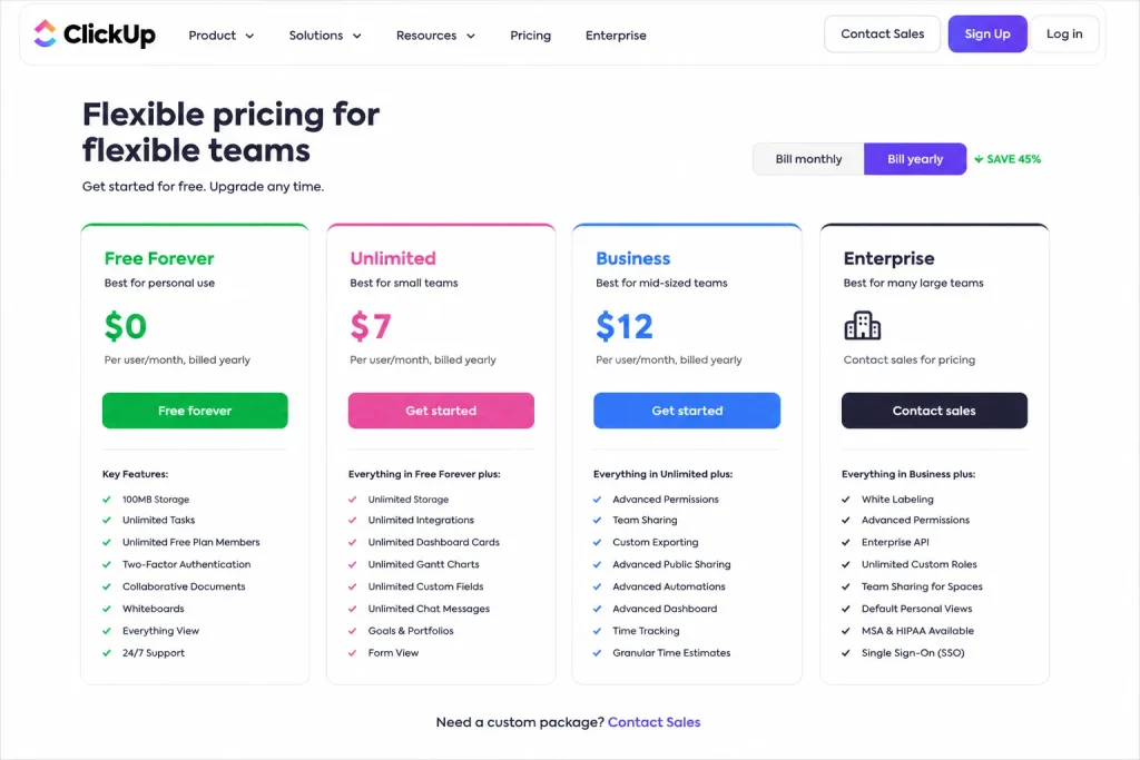 ClickUp pricing 2026 showing Free Forever, Unlimited at $7, Business at $12, and Enterprise plans billed yearly
