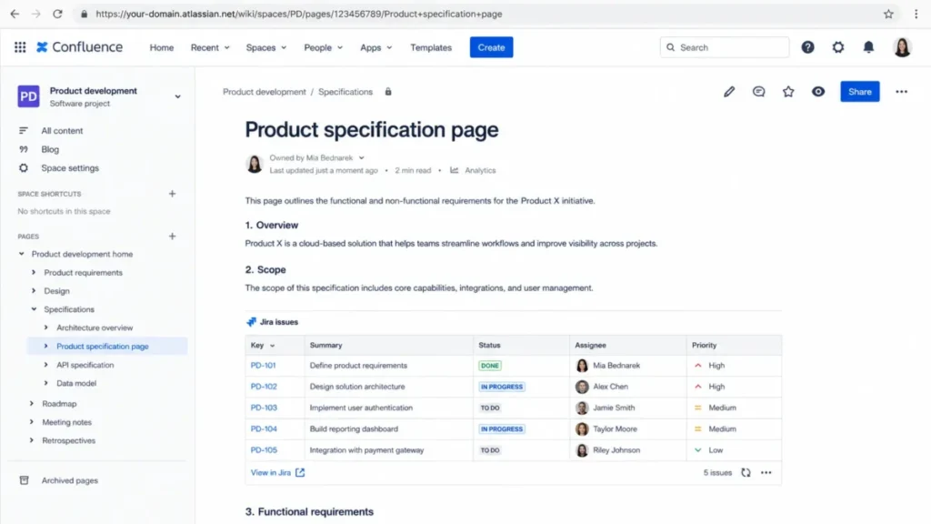 Confluence product specification page with embedded Jira work items, issue keys, statuses, assignees, and page tree