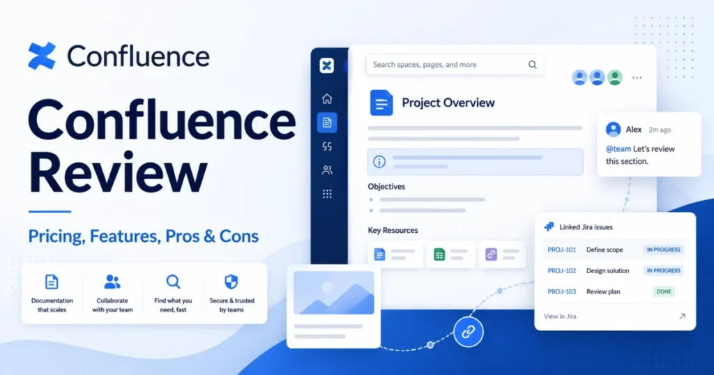 Confluence Review 2026 featured image highlighting pricing, features, pros, cons, collaboration, search, and Jira integration