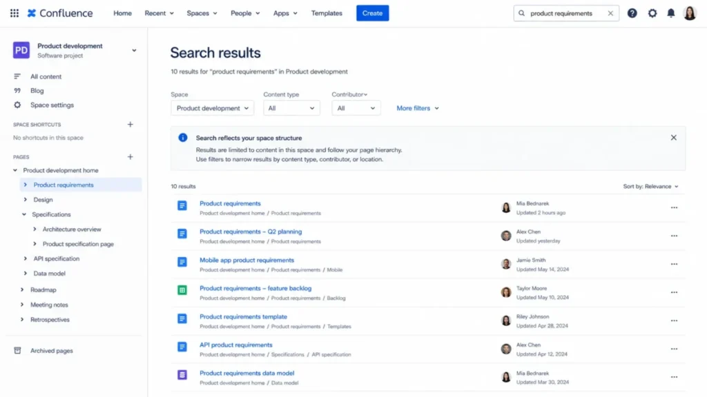 Confluence search results filtered by space, content type, and contributor within a product development workspace