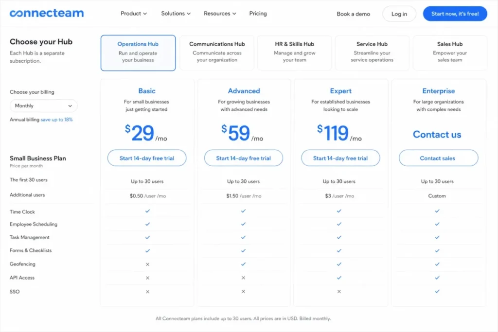 Connecteam pricing page with the Operations Hub selected, showing Basic, Advanced, Expert, and Enterprise plans, monthly pricing, first 30 users included, and additional-user rates.