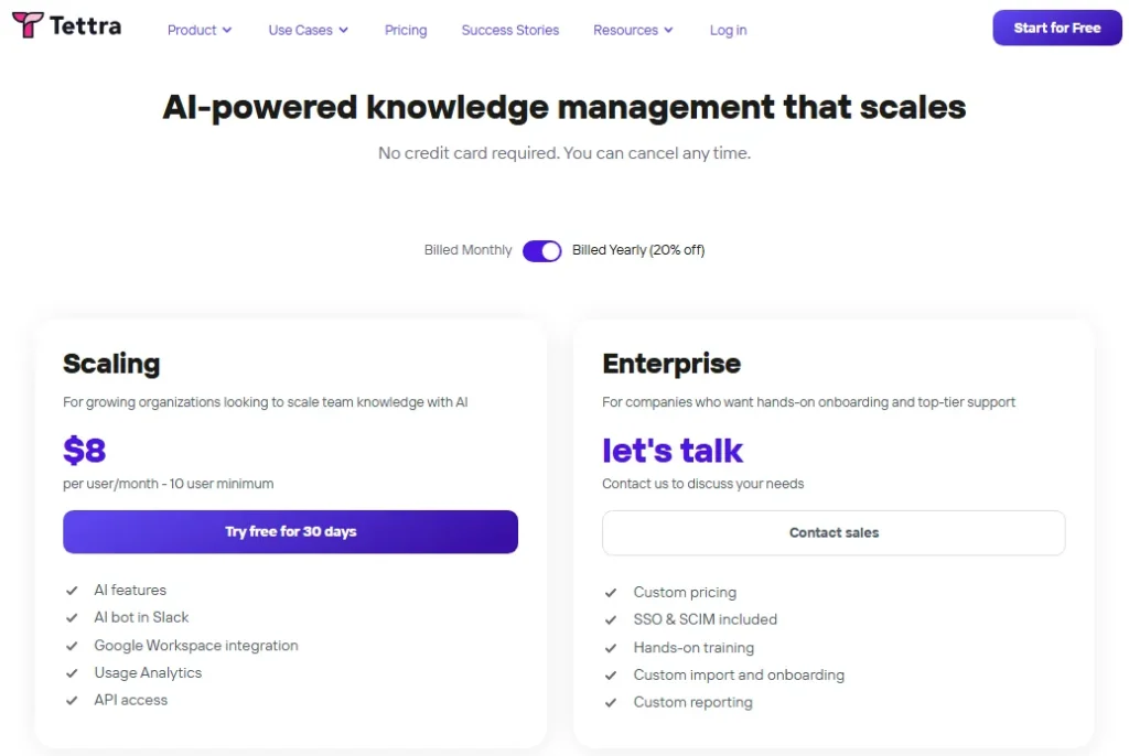 Tettra pricing page showing the Scaling plan at $8 per user per month with a 10-user minimum and Enterprise with custom pricing.