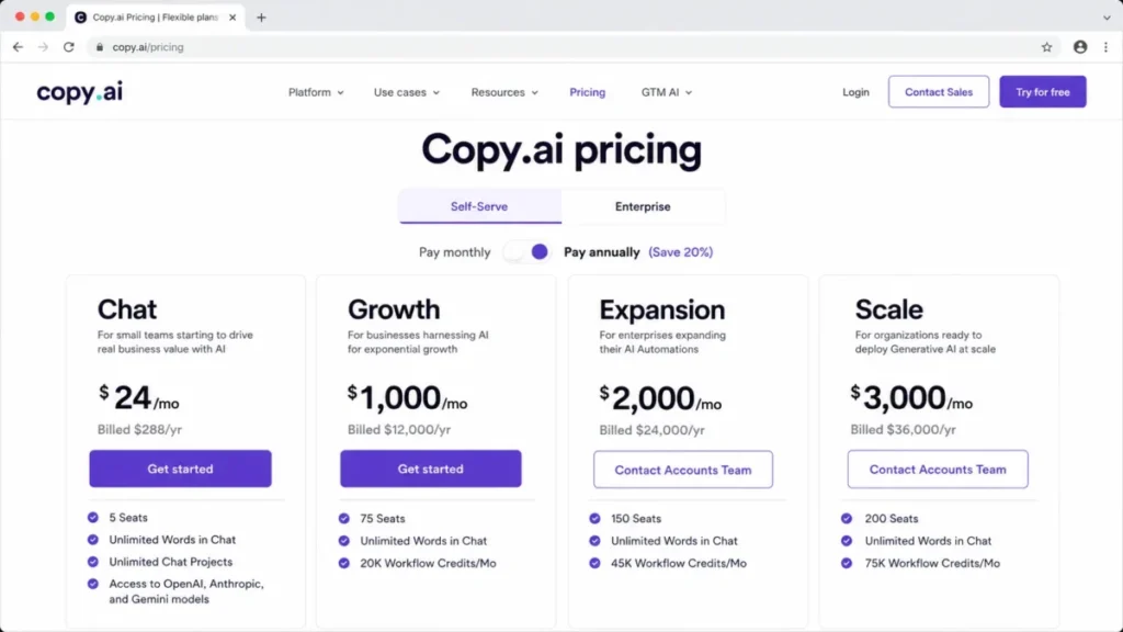 Copy.ai pricing page comparing Chat, Growth, Expansion, and Scale plans with seat counts and workflow credits.