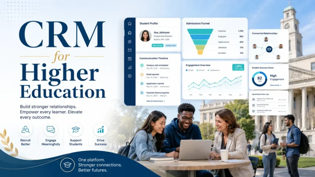 Featured image showing CRM software for higher education with student profiles, admissions funnel, engagement analytics, and campus relationships.