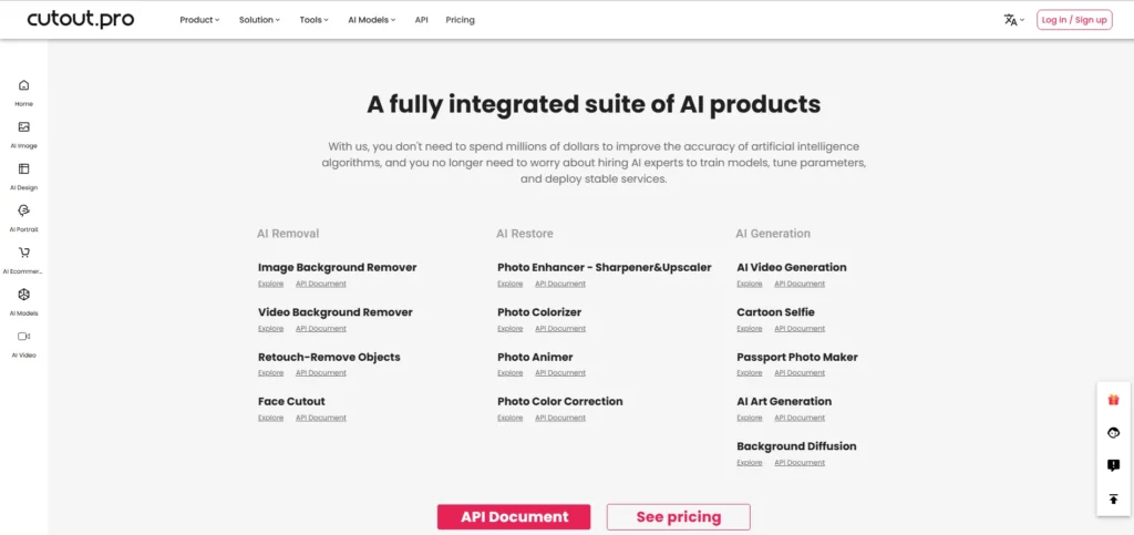 Cutout.Pro API overview page showing AI removal, AI restore, and AI generation API products