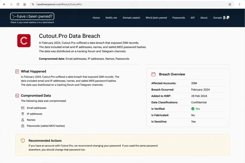 Have I Been Pwned Cutout.Pro data breach entry showing February 2024 breach and compromised data types