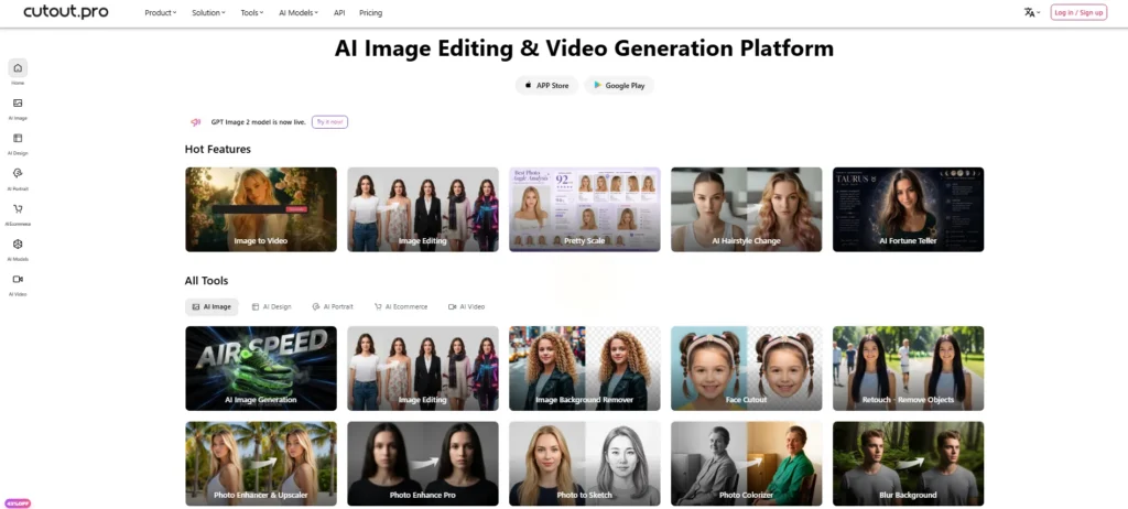 Cutout.Pro homepage showing AI image editing tools including background remover, face cutout, retouch, and photo enhancer