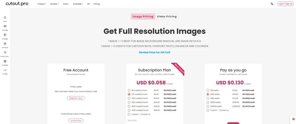 Cutout.Pro image pricing page showing free account, subscription plan, and pay-as-you-go credit options