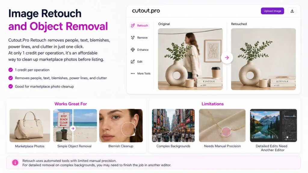Cutout Pro image retouch and object removal showing original and retouched photo with removed clutter