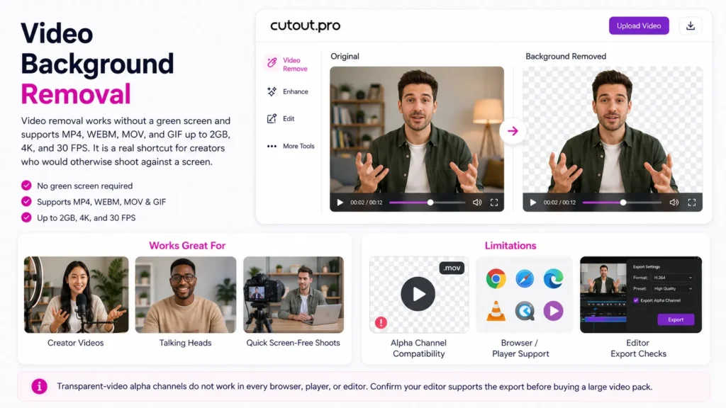 Cutout Pro video background removal showing original video and background removed result with alpha channel compatibility notes