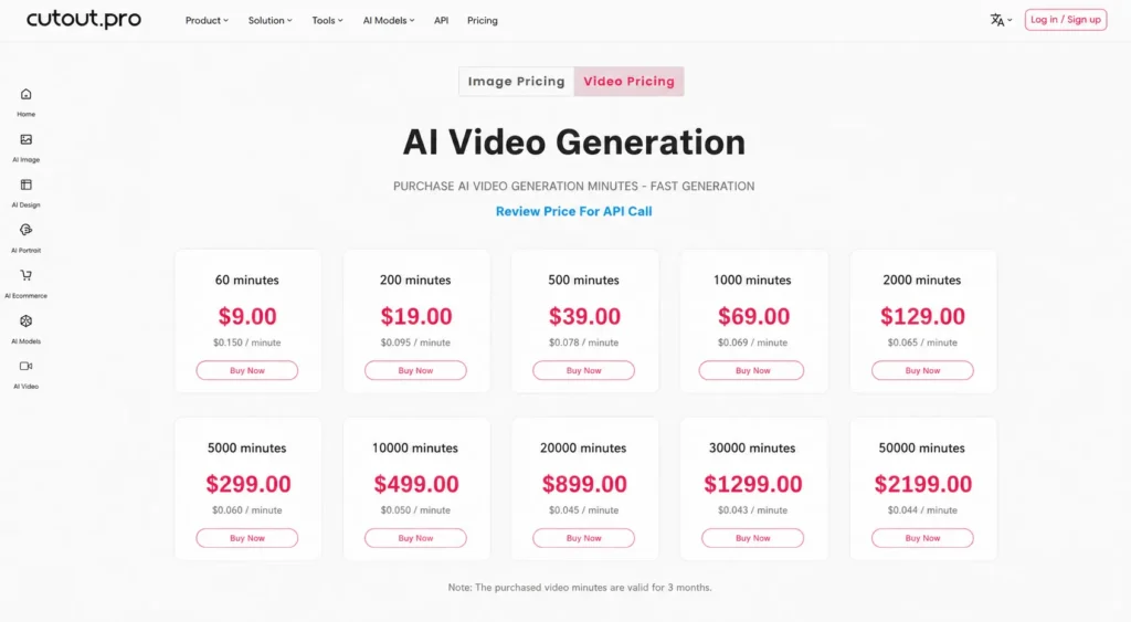 Cutout.Pro video pricing page showing AI video generation minute packages from $9 to $599