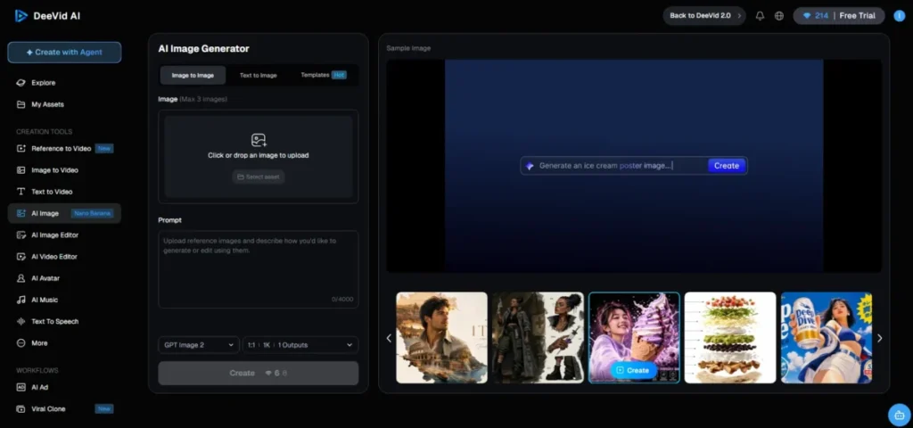 DeeVid AI Image Generator interface with image-to-image and text-to-image tools