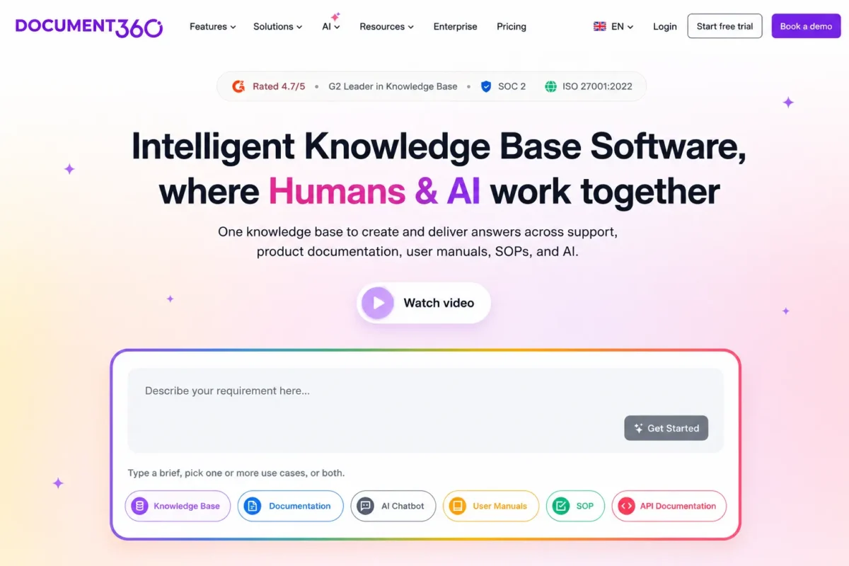 Document360 homepage showing its AI-powered knowledge base platform for documentation, user manuals, SOPs, and API documentation.