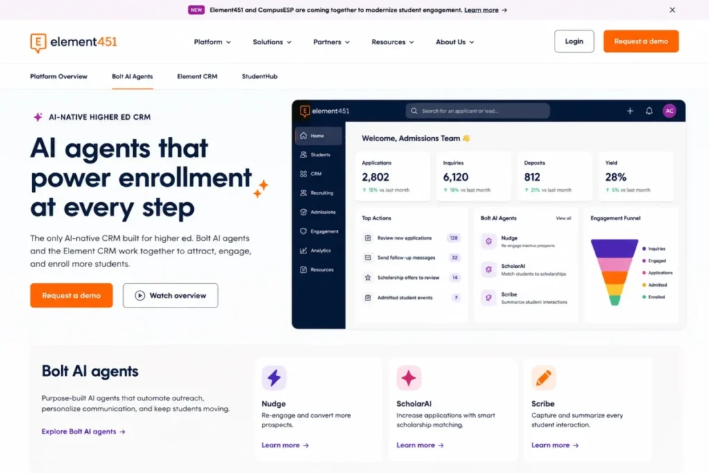Element451 platform page showing Bolt AI agents, Element CRM, and StudentHub for higher education enrollment teams.
