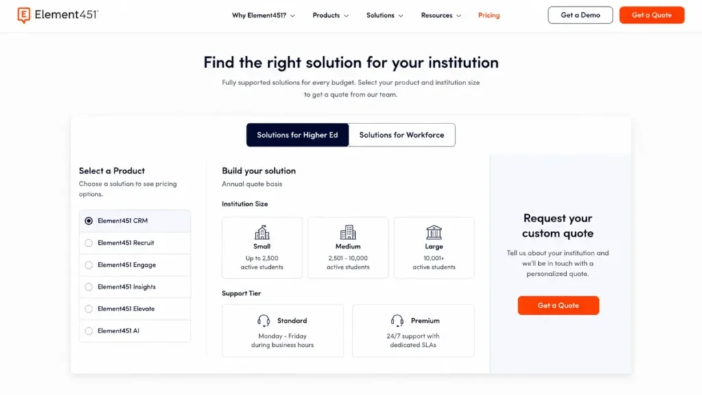 Element451 public pricing calculator showing product selection, institution-size options, support tiers, annual quote basis, and a Get a Quote button.