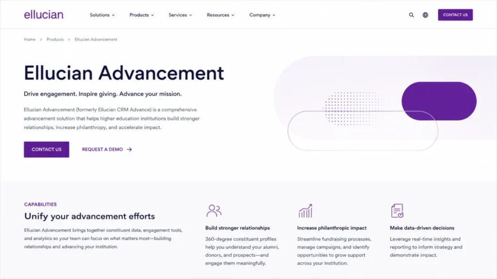 Ellucian Advancement product page showing product capabilities, Contact Us, and Request a Demo calls to action.
