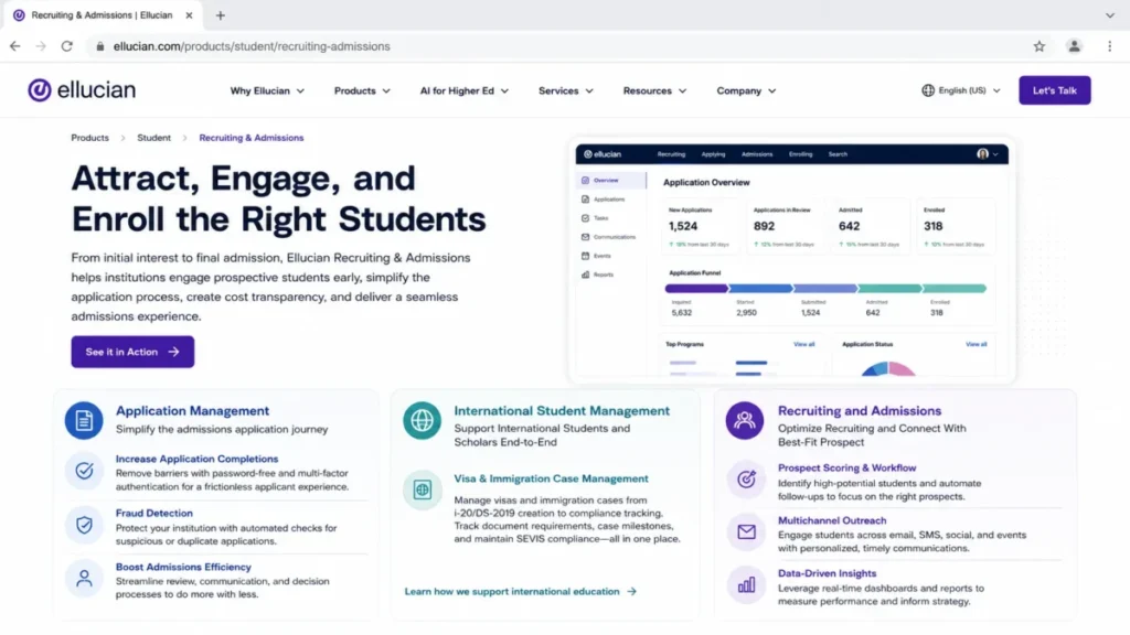 Ellucian Recruiting & Admissions product page showing admissions application management, fraud detection, and international student management features.