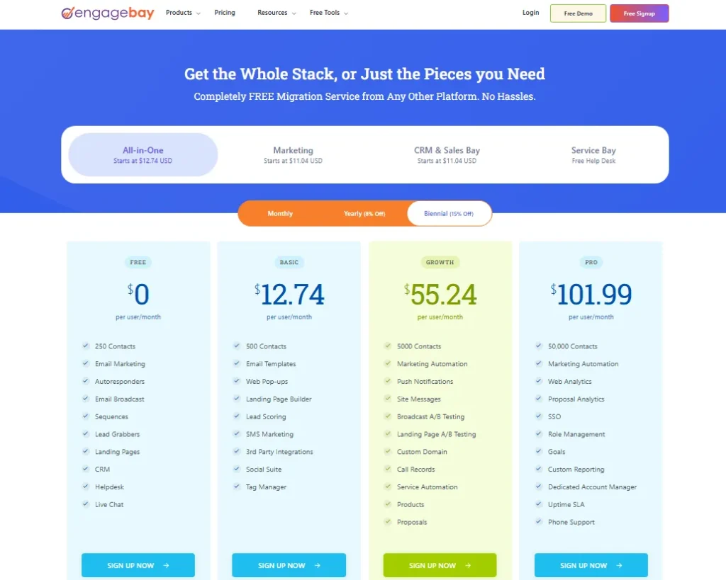 EngageBay All-in-One pricing showing Free, Basic, Growth, and Pro plans with biennial billing